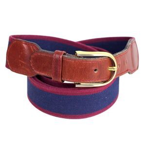 BROWN REAL LEATHER BLUE RED CANVAS 1 1/4"Wd CASUAL DRESS MEN'S BELT Size 42 (P14